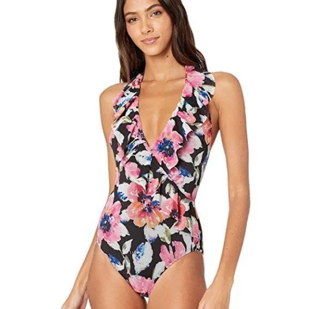 Carmen Marc Valvo Ruffle Surplice Halter Tummy Control 1 Piece Swimsuit Size 6